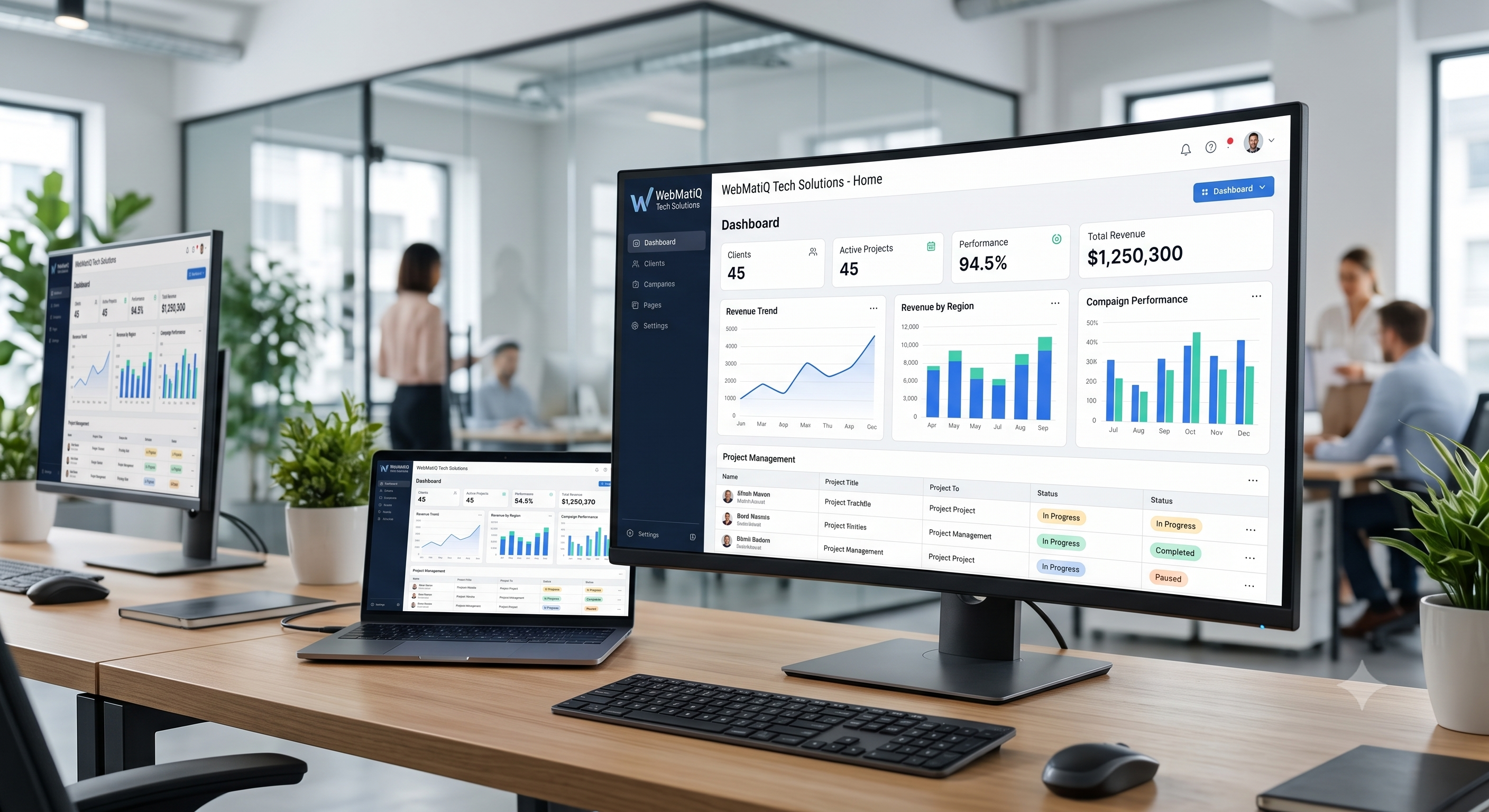 A ultra-modern, crisp software dashboard interface featuring sleek data visualizations
